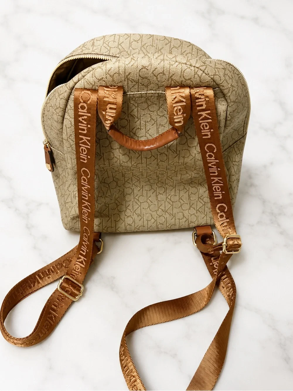Calvin Klein Beige Monogram Mini Backpack with Brown Trim